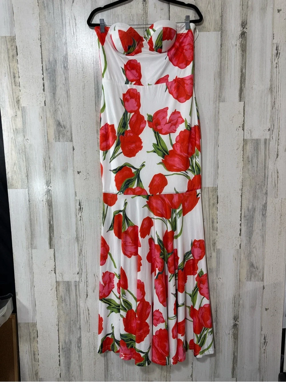 Strapless Mermaid Style Dress with Red Floral Print and Fitted Bodice